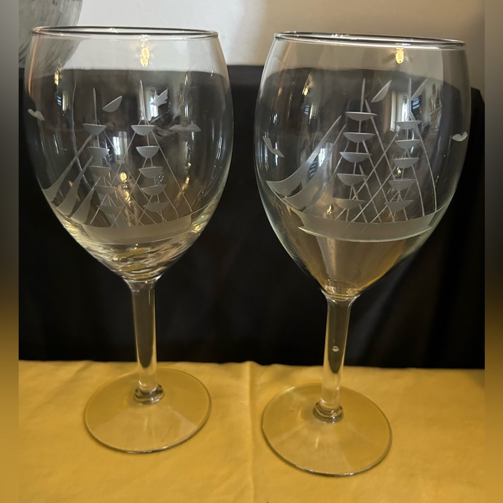 2 Javit glass Etched Clipper Ship wine goblets.